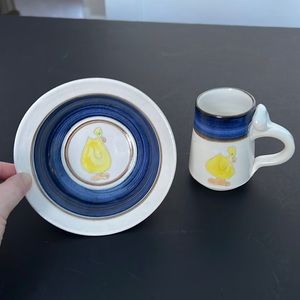 Vintage 1979 pottery cup and bowl set with cute duck motif from Minnesota artist